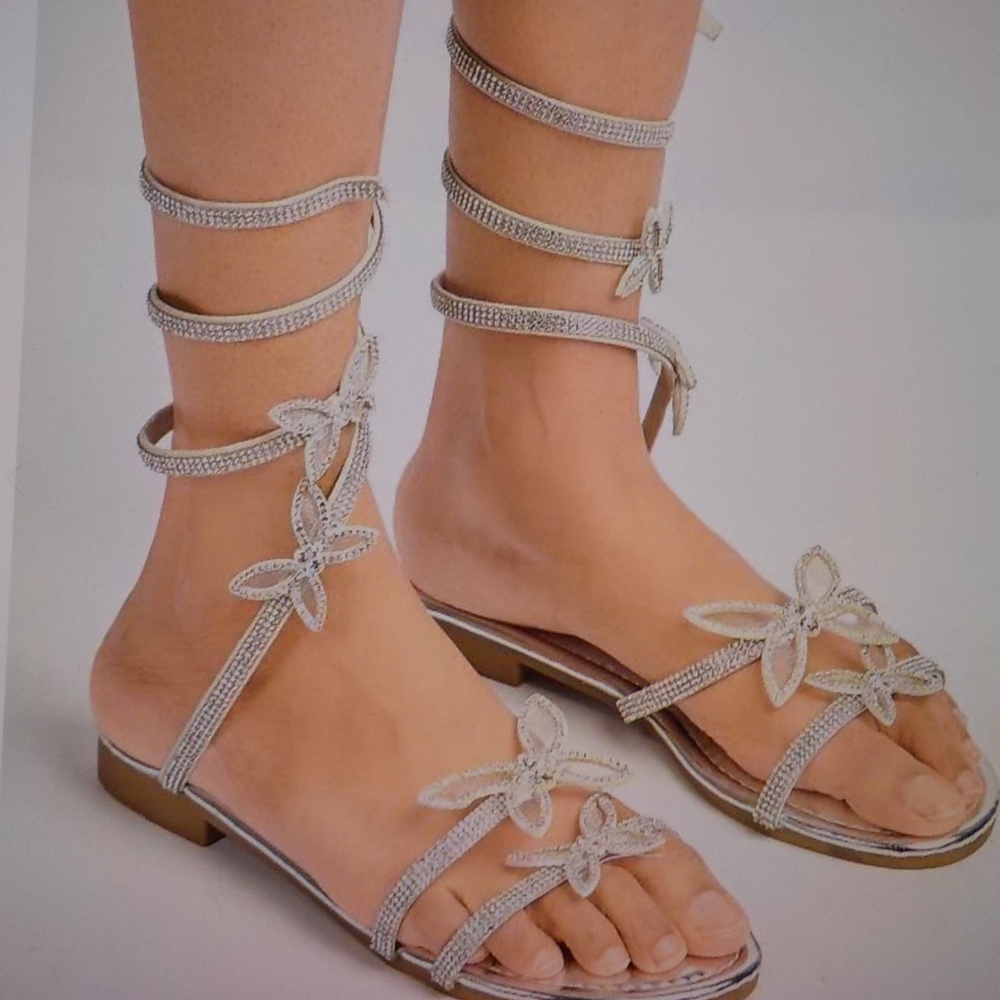 Silver Leg Wrap Flat Sandals
